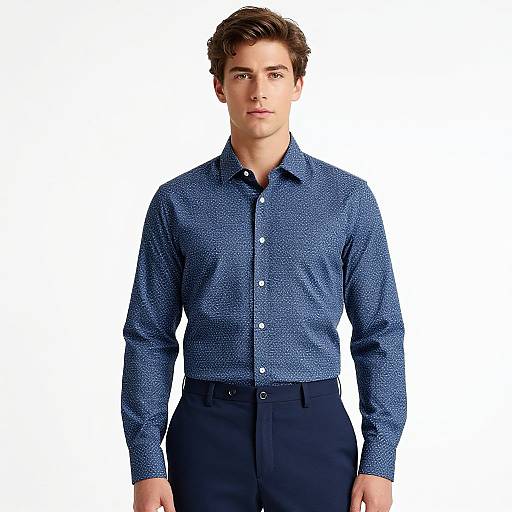 Photograph of a young man with short brown hair, wearing a blue, long-sleeve, patterned button-up shirt and navy pants, against