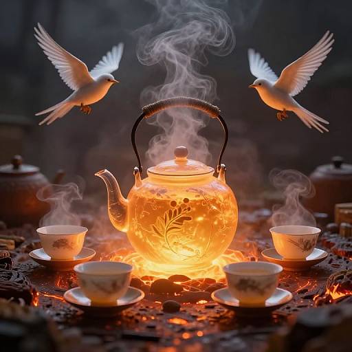 Photograph of glowing, ornate teapot surrounded by steaming teacups, two white doves mid-flight, against a dark, mystical background