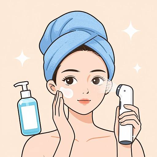 Digital illustration of an Asian woman with a blue towel on her head, applying face cream with one hand and lotion with the other, holding a blue pump