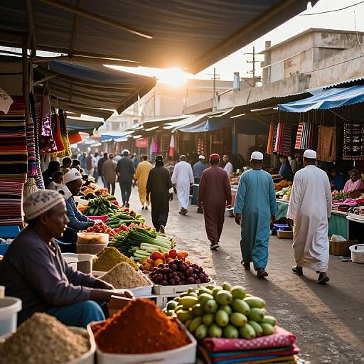 Photograph of a bustling outdoor market at sunset, with diverse vendors in traditional clothing, colorful spices, fruits, and vegetables, and shoppers walking under shaded