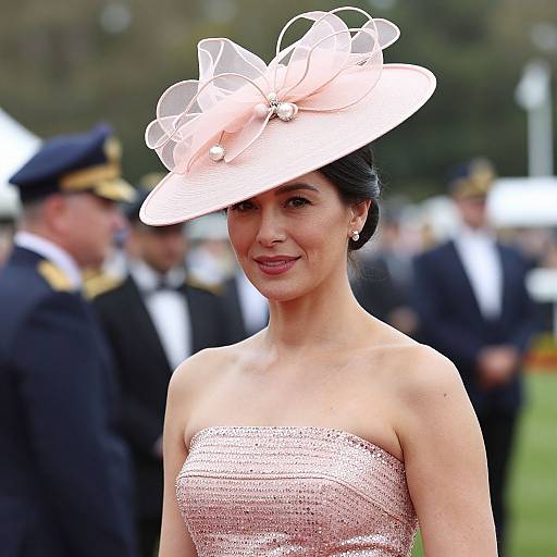 Photograph of a smiling Asian woman in a pink, strapless sequin dress and elegant pink hat with floral accents, standing outdoors among uniformed men