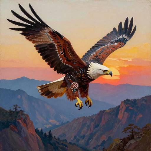 Digital painting of a majestic bald eagle with outstretched wings soaring over a mountainous landscape at sunset, featuring vibrant orange and pink sky.