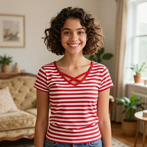 Photograph of a smiling young woman with curly brown hair, wearing a red and white striped V-neck shirt, standing in a bright, cozy living room