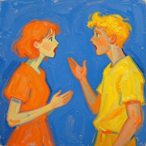 Vibrant digital painting of a surprised red-haired girl in an orange dress and a blonde boy in a yellow shirt, both gesturing against a bright