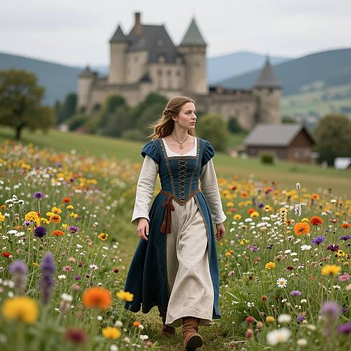 Photograph of a young woman in medieval attire, walking through a vibrant flower field with a castle in the background.