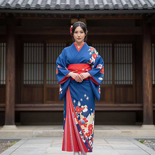 Photograph of a young Japanese woman in a blue floral kimono with red obi, standing in front of a traditional wooden building.