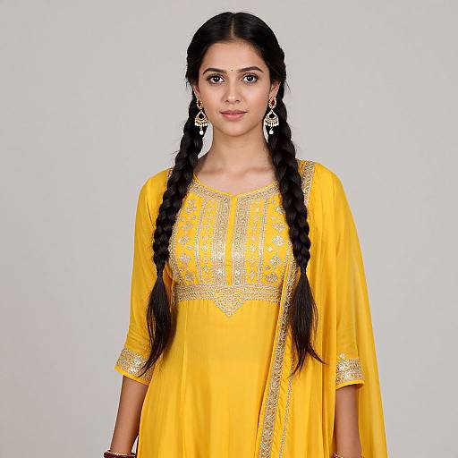Photograph of a young woman with long black braids, wearing a bright yellow traditional Indian kurti with gold embroidery, and large silver earrings,
