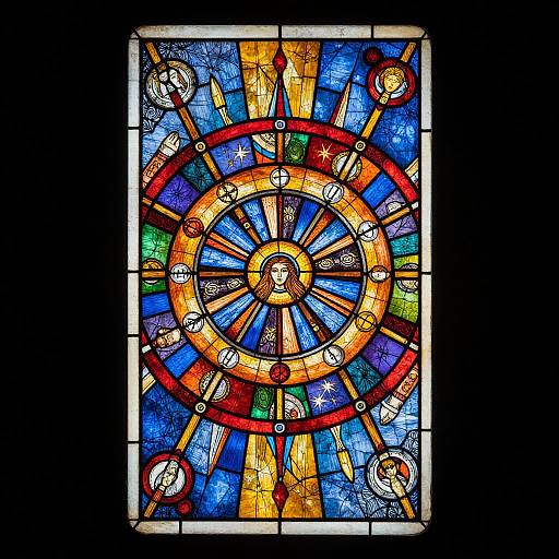 Vibrant stained glass window featuring a sunburst pattern with colorful rays, surrounded by saints and angels, set in a rectangular frame.