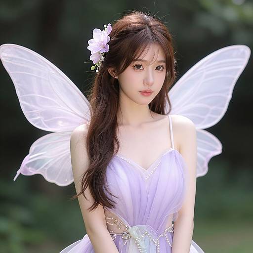 Photograph of an Asian woman with long brown hair, wearing a white fairy dress and translucent wings, adorned with a white flower, standing in a green