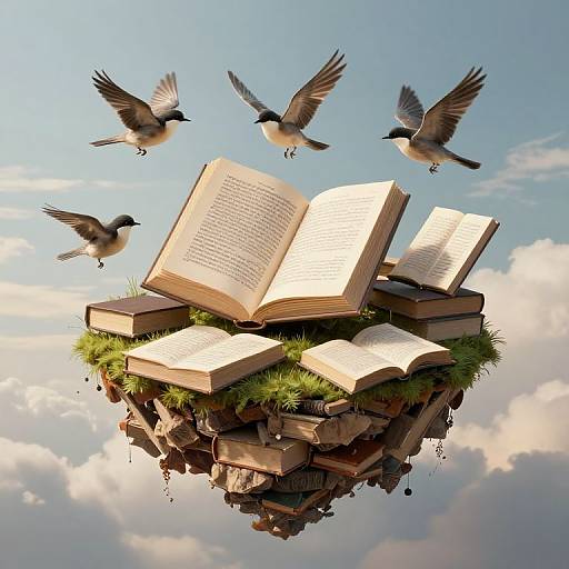 Digital illustration of floating books with open pages, surrounded by four flying birds, set against a bright blue sky with clouds.