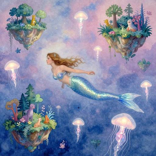 Digital fantasy artwork of a blue-scaled mermaid with long brown hair, swimming among floating islands, jellyfish, and lush vegetation in a dreamy