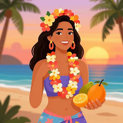 Digital illustration of a smiling, tan-skinned woman with black hair wearing a flower crown, blue bikini, and floral lei, holding a coconut and orange