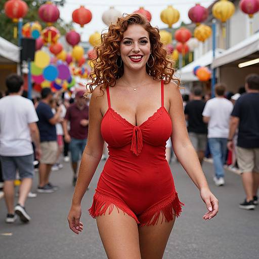 Photograph of a smiling, curly-haired woman in a red, fringed, low-cut romper walking through a colorful, lantern-filled street festival.