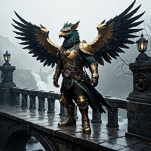 Majestic Anthropomorphic Gryphon Warrior on Foggy Stone Bridge