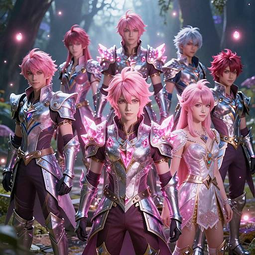 Digital art of six anime-style warriors with pink and red hair, wearing shiny, ornate armor with glowing pink butterflies, standing in a mystical forest.