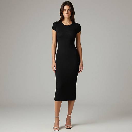 Photograph of a young woman with shoulder-length brown hair, wearing a form-fitting black short-sleeve knee-length dress and white high-heeled