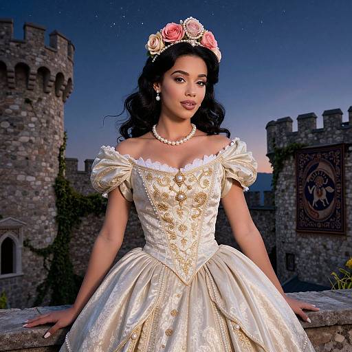 Photograph of a beautiful Latina woman with dark curly hair, wearing an ornate off-shoulder white ballgown, pearl necklace, and rose