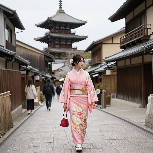 Photograph of a Japanese woman in a pink floral kimono with red purse, walking down a traditional street with wooden buildings and a pagoda in the