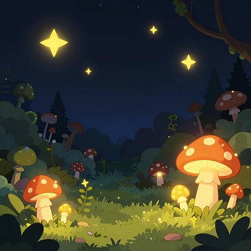 Nighttime Garden with Glowing Mushrooms