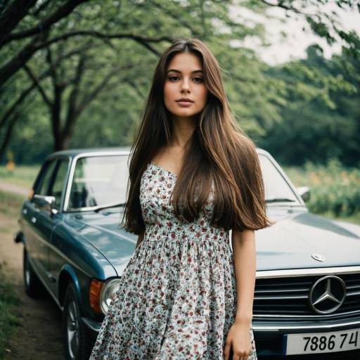 Young Woman in Floral Dress by Classic Car