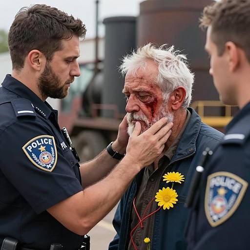 Tender Moment Between Officer and Elderly Man