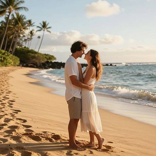 Photograph of a romantic beach scene: a couple kissing on golden sand, wearing white clothes, with palm trees and ocean waves in the background. Sun