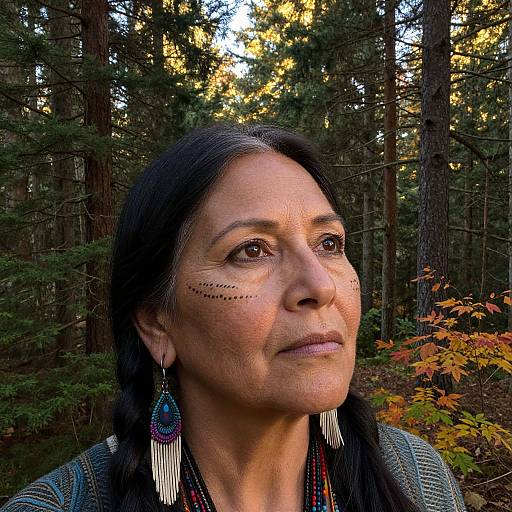 Photograph of a middle-aged woman with dark hair, brown eyes, and Native American facial markings, wearing teal earrings, standing in a forest with autumn