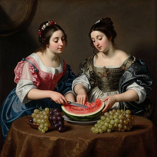Baroque-style painting of two women in ornate dresses, slicing a watermelon over a table with grapes, against a dark background.