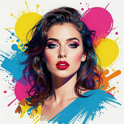 Digital portrait of a fair-skinned woman with red lips, dark wavy hair, and blue eyeshadow, set against colorful splashes of yellow