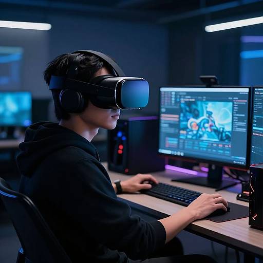 Photograph of an Asian man with short black hair, wearing a black hoodie and VR headset, seated at a computer desk in a dimly lit room