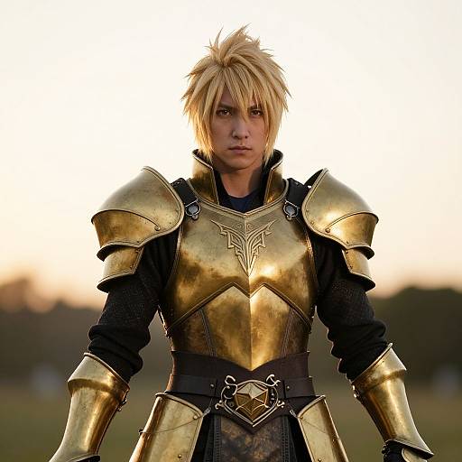 Photograph of a blond, serious-looking young man in golden medieval armor with black undershirt, standing in a sunlit field.