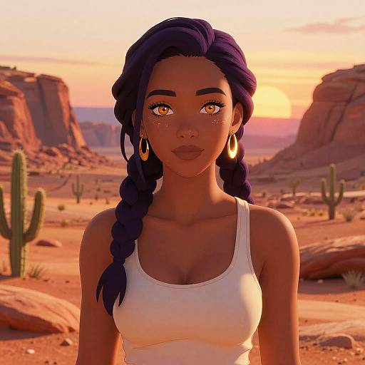 Digital art of a dark-skinned woman with braided black hair, golden hoop earrings, and white tank top, standing in a desert at sunset with
