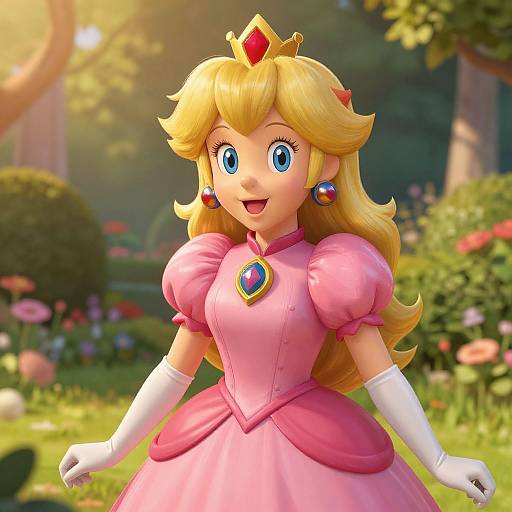 Digital artwork of Princess Peach from Mario series, smiling with blue eyes, wearing a pink dress, white gloves, crown, and earrings, in a sunny