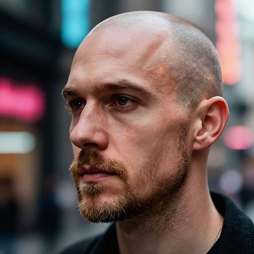 Photograph of a bald, bearded Caucasian man with light skin, serious expression, and subtle stubble, set against a blurred urban background with colorful
