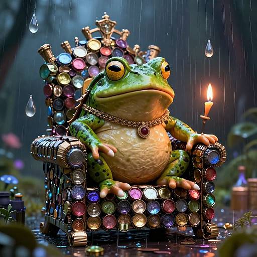 Photorealistic CGI of a green frog king sitting on a colorful, jewel-encrusted throne in a rainy forest, with a lit candle beside