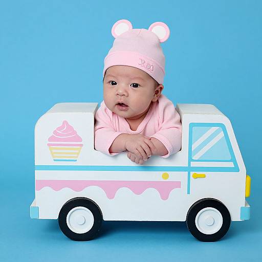 Photograph of a baby with light skin, wearing a pink bear-eared hat and pink long-sleeve shirt, leaning on a colorful toy ice
