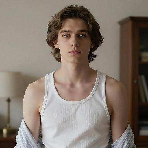 Young Man in White Tank Top Indoors
