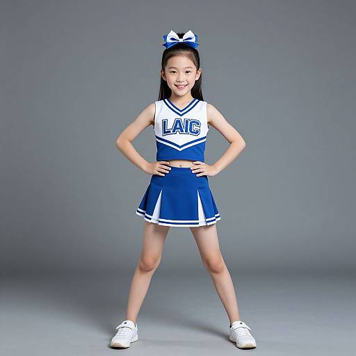 Photograph of a young Asian girl in a blue and white cheerleader outfit, 