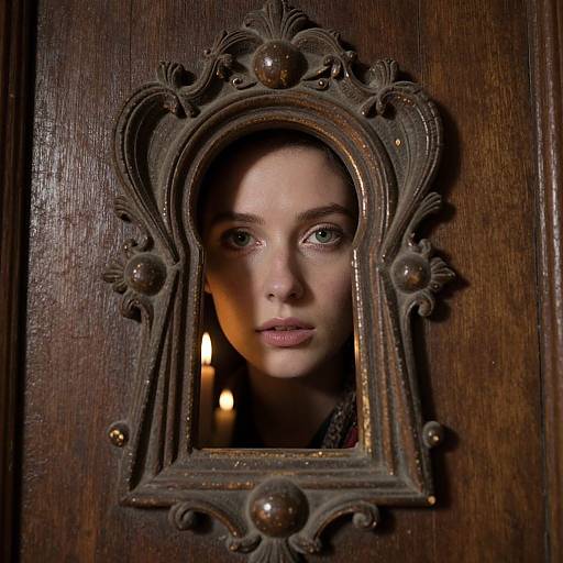 Photograph of a young woman with pale skin and green eyes, framed by an ornate, antique mirror, set in a dark wooden door, with