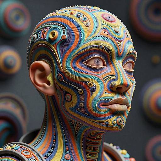 Photorealistic digital artwork of a bald, androgynous figure with a vibrant, intricate face paint of swirling, colorful patterns against a dark,