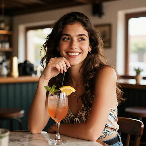 Young Woman Enjoying Drink at Spanish Bar