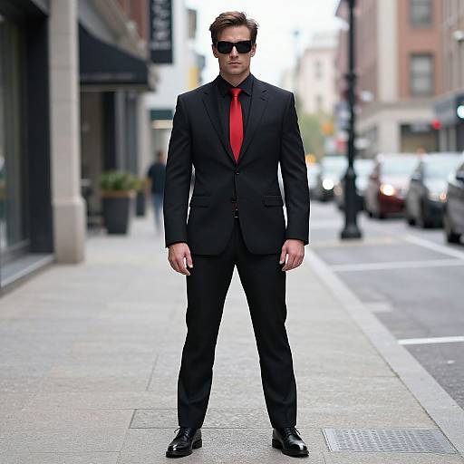 Photograph of a tall, handsome man in a black suit, red tie, and black sunglasses standing confidently on a city street.