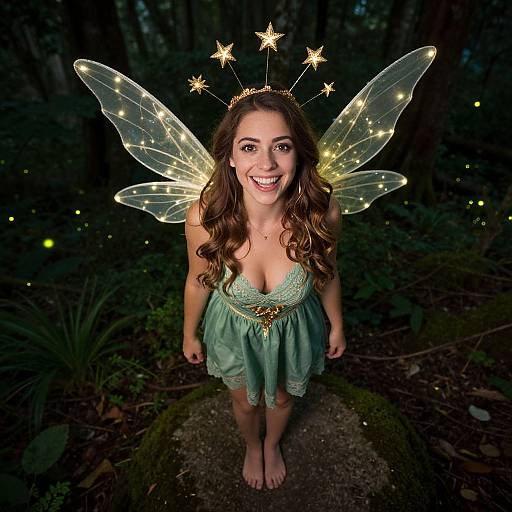 Photograph of a smiling young woman with long brown hair, wearing a green fairy dress and illuminated wings and crown, standing barefoot in a dark forest