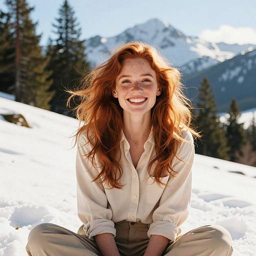 Photograph of a smiling red-haired woman with freckles, wearing a white blouse and beige pants, sitting in snow-covered mountains with evergreen trees