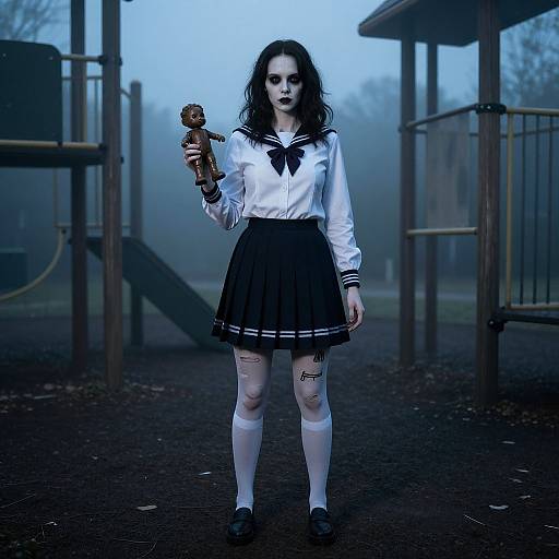 Photograph of a pale, dark-haired girl in a white sailor top and black skirt, holding a trophy, standing in a misty playground with tattoos