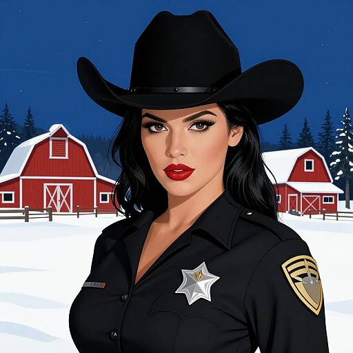 Digital illustration of a sexy, dark-haired woman in a black cowboy hat and sheriff's uniform, standing in front of a red barn with snow-covered roof