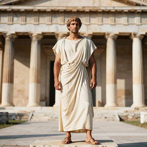 Man in Ancient Greek Tunic in Front of Classic Temple