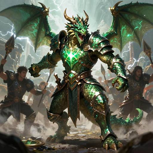 CGI fantasy battle: A towering, green-scaled, horned dragon warrior with glowing emerald eyes and wings, surrounded by stormy lightning and