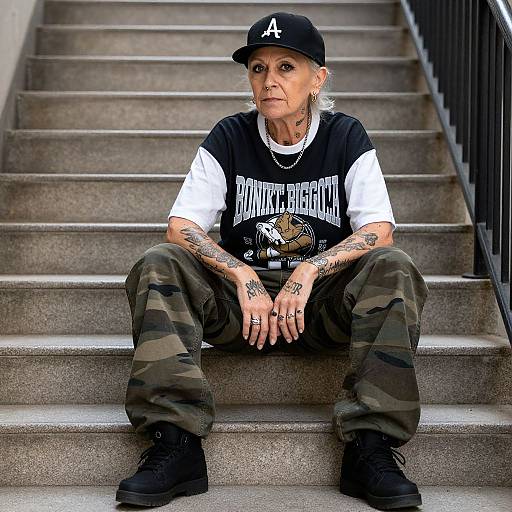 Photograph of an elderly tattooed woman with blonde hair, wearing a black cap, 