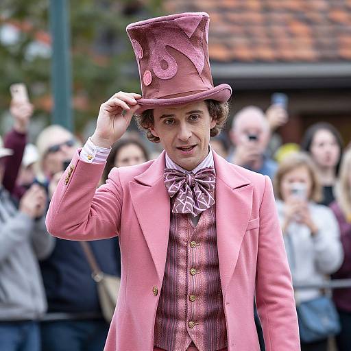Photograph of a young man in a pink top hat and coat, pink patterned vest, and bow tie, smiling at the camera, with a